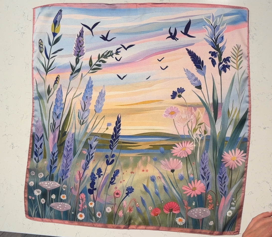 Scarf with a scenic design of flowers, birds, and a lake.